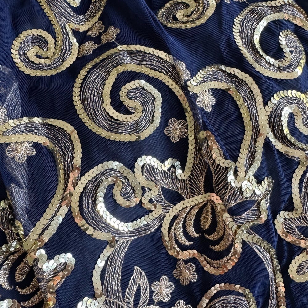 Jessica McClintock Navy Velvet Gold Sequins Long Sleeve Vintage Dress Size 14 - Picture 6 of 7